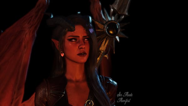 Sin the succubus, a modded character created in the video game Baldur's Gate 3 (Larian Studios, 2023). Virtual photography and editing by SinMadeManifest.